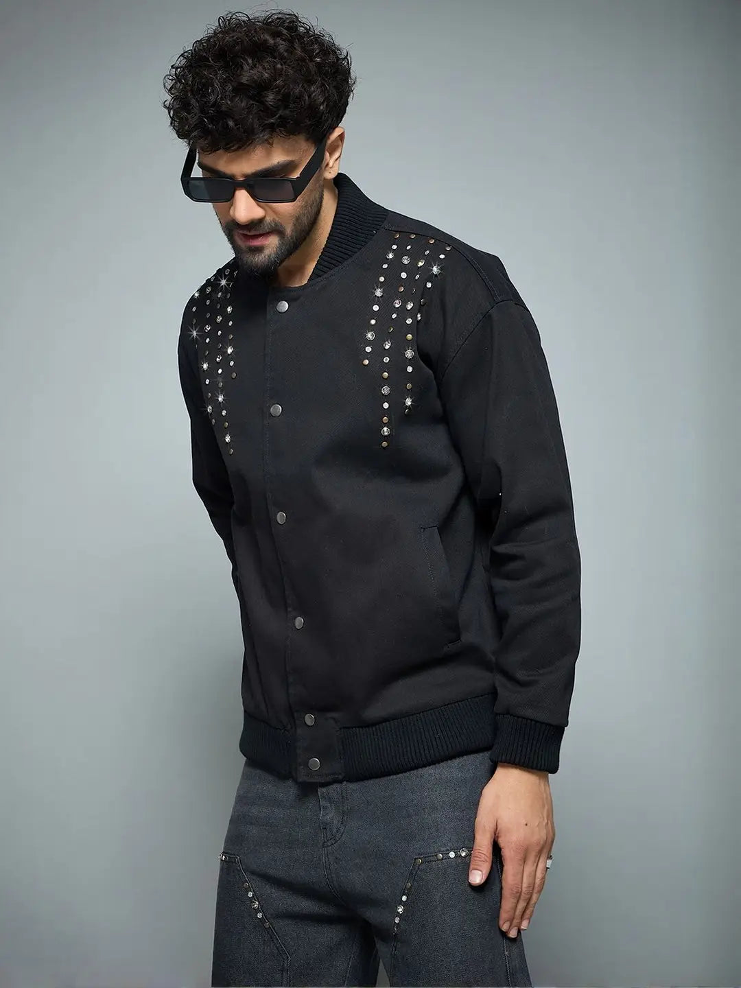 Men’s Black Studded Bomber Jacket – Urban Luxe Edition