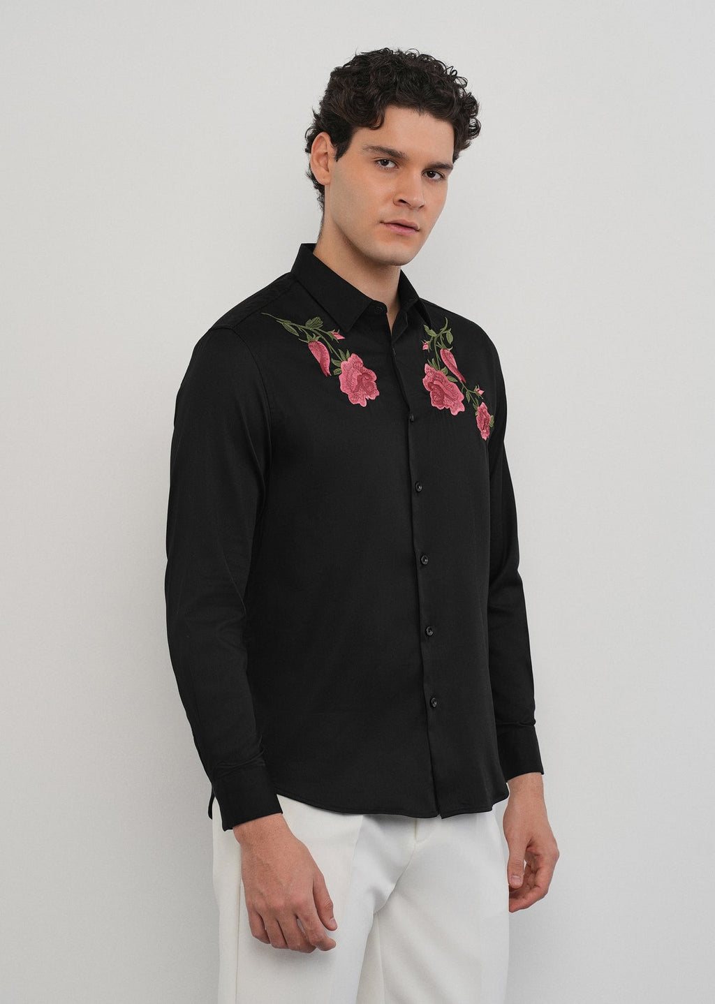 Black floral embroidery shirt currently stock