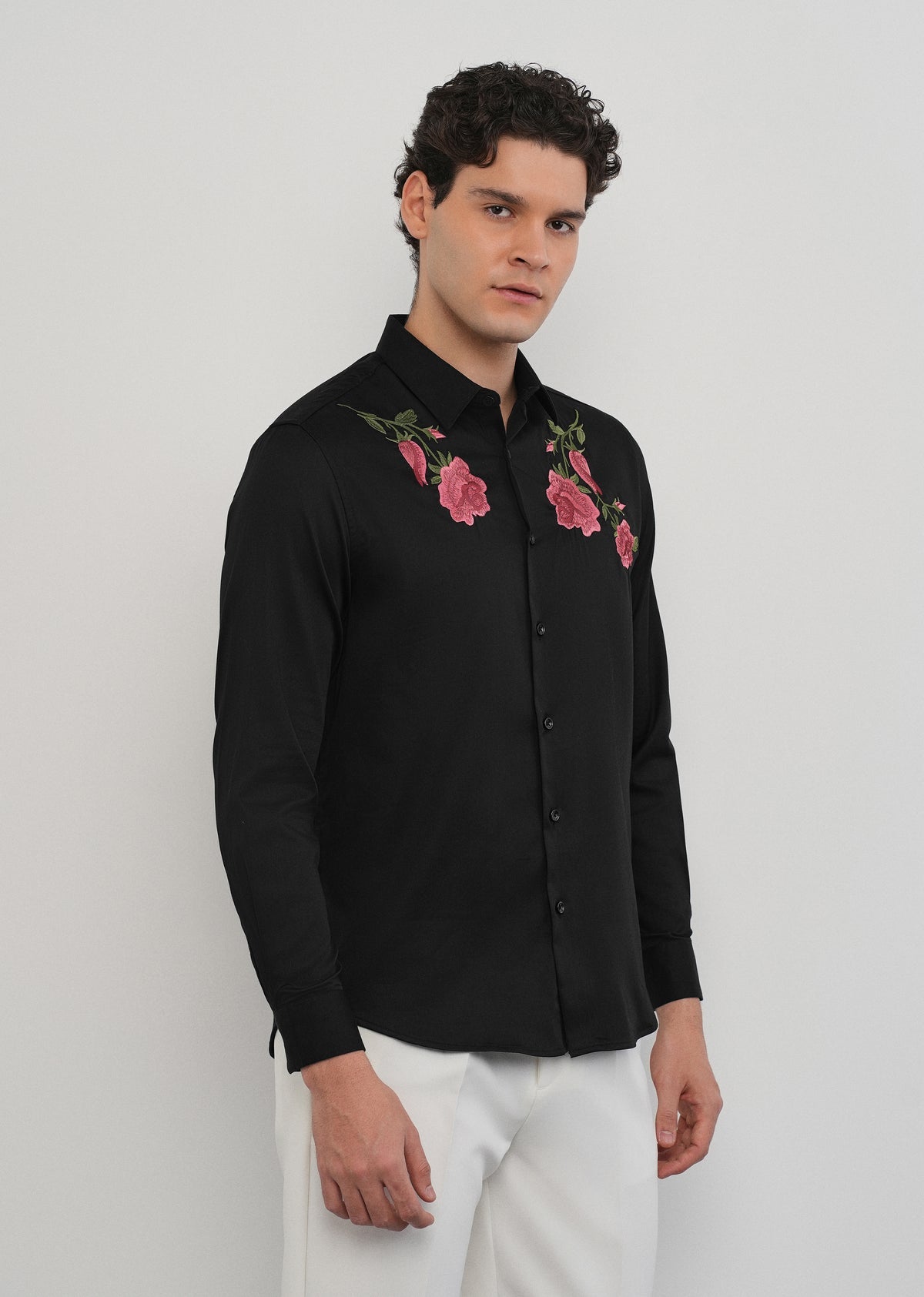 Black floral embroidery shirt currently stock