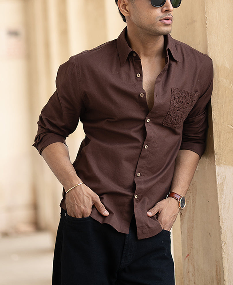 Men’s Premium Casual embroidered Shirt – Coffee Brown
