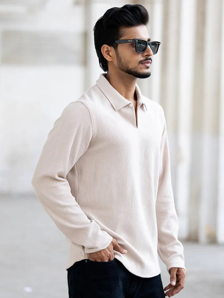 Men’s Premium Open Collar Long Sleeve T-Shirt – Cream Beige