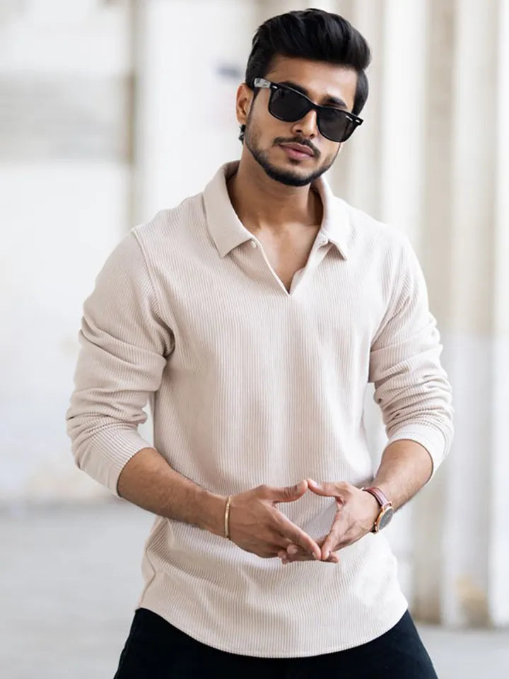 Men’s Premium Open Collar Long Sleeve T-Shirt – Cream Beige