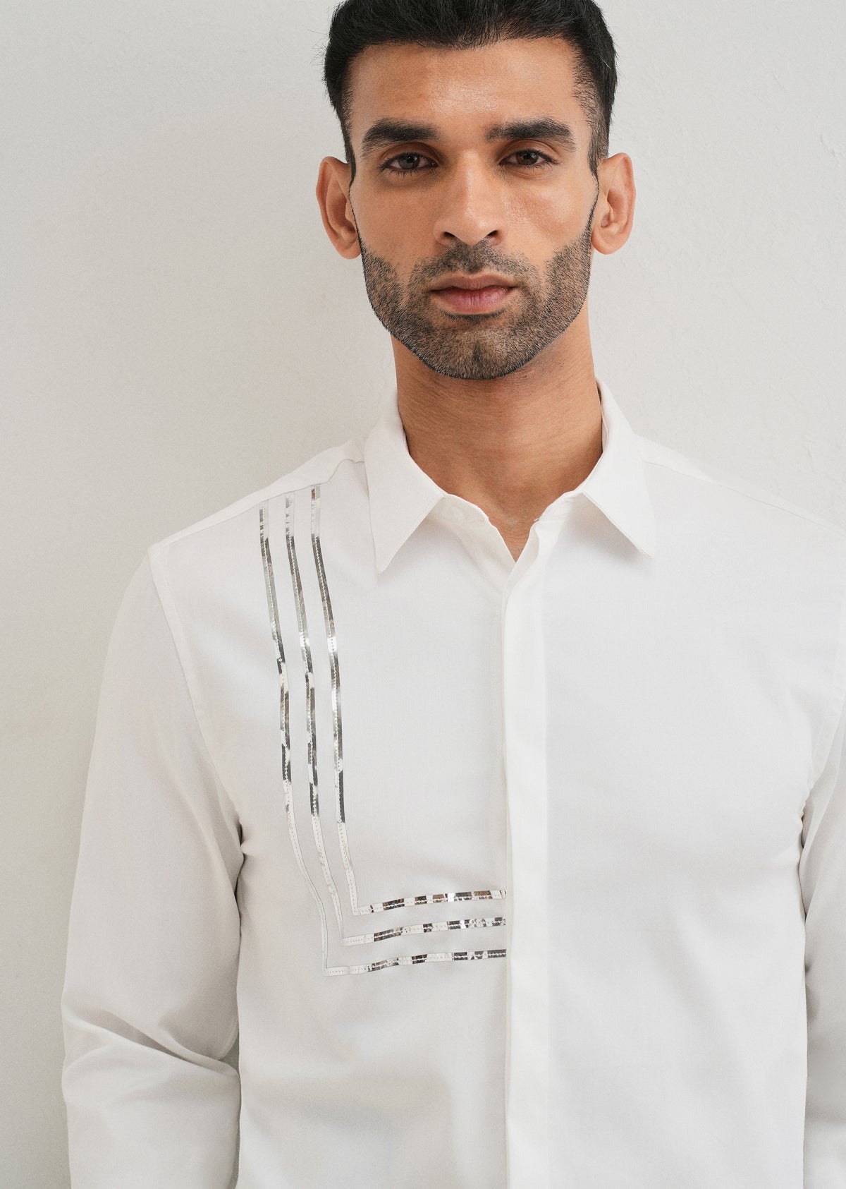 White metallic stripe designer shirt