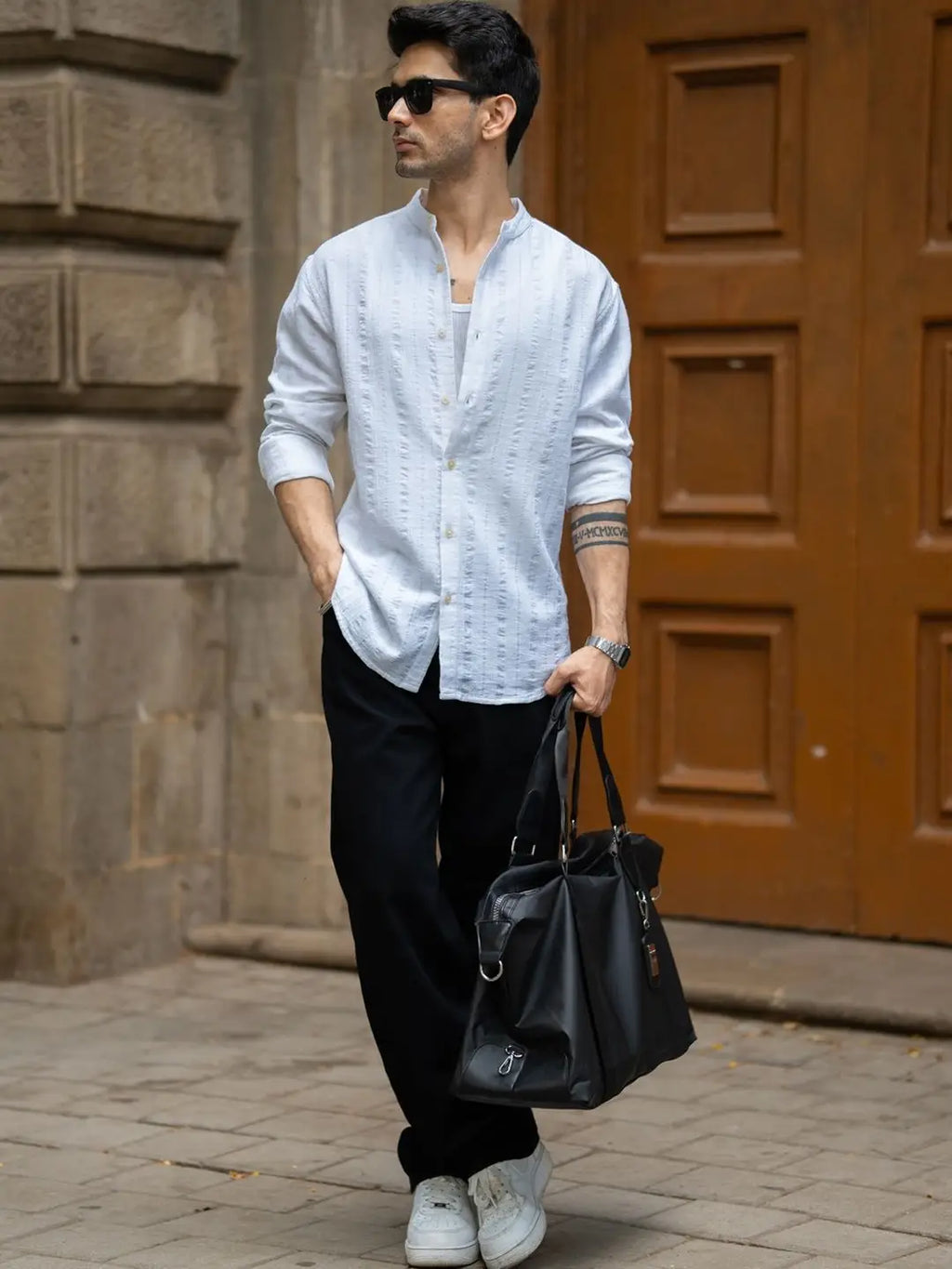 White Textured Mandarin- collar Shirt