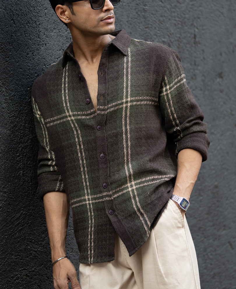 Men’s  Checked Shirt – Dark Olive Brown