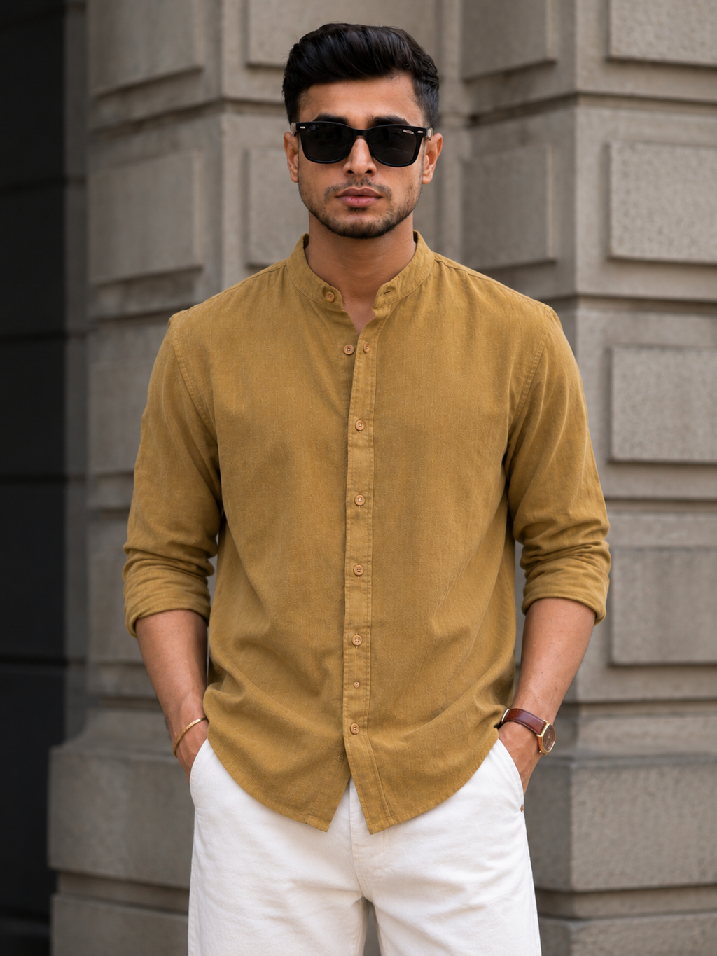 Mustered Textured Mandarin - Collar Shirt