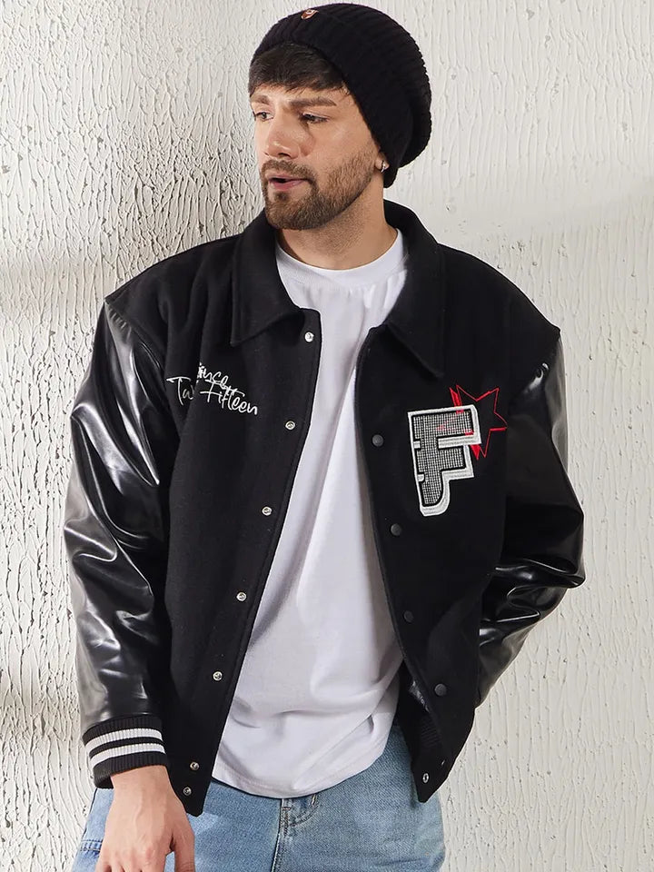 Fugazee Men’s Black Varsity Jacket – Faux Leather Sleeve Edition