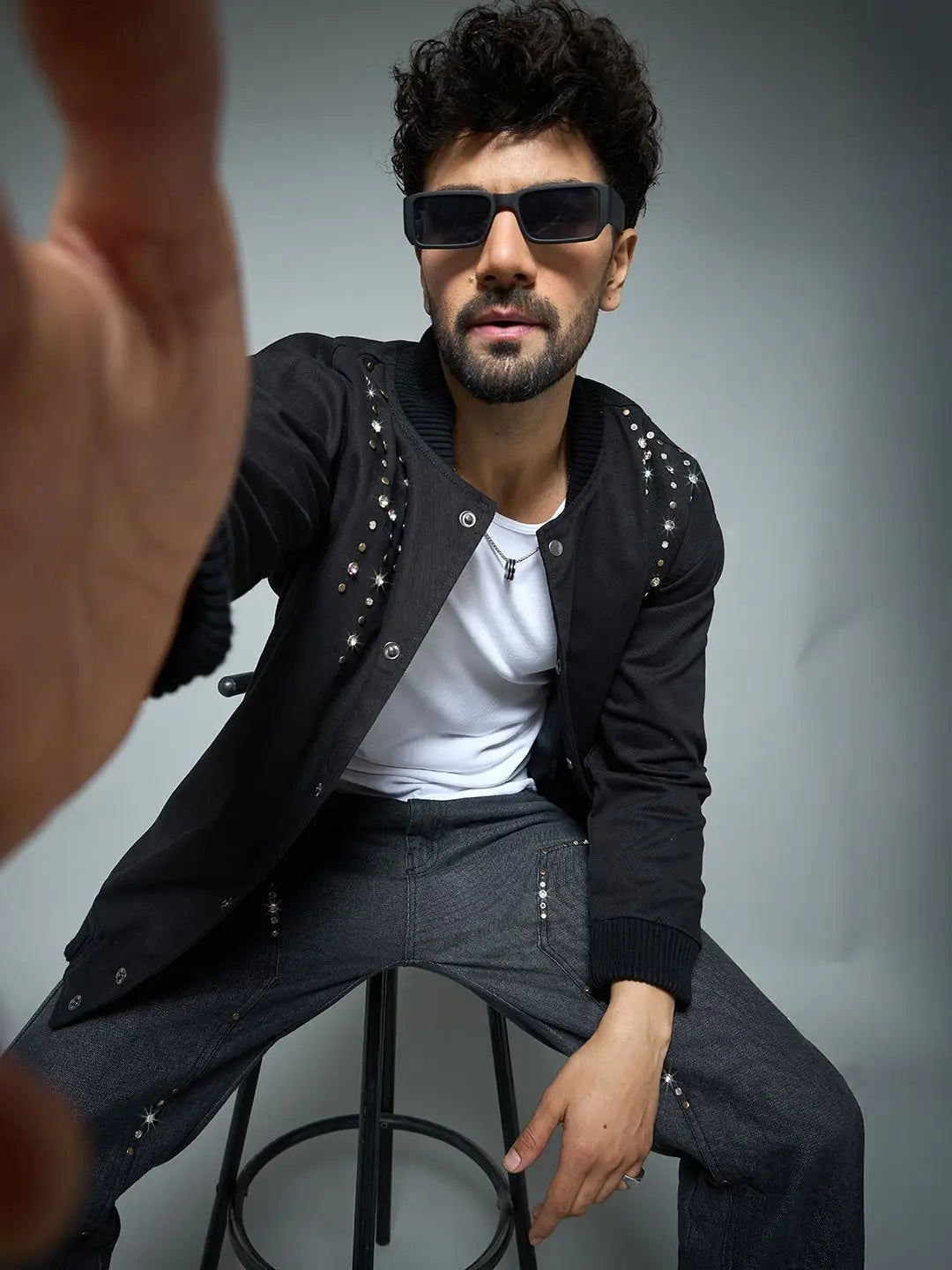 Men’s Black Studded Bomber Jacket – Urban Luxe Edition