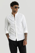 White Mandarin Collar Linen Blend Shirt