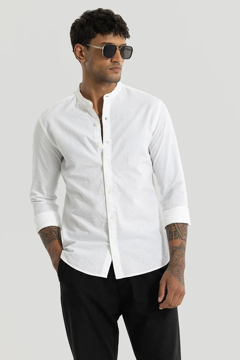White Mandarin Collar Linen Blend Shirt