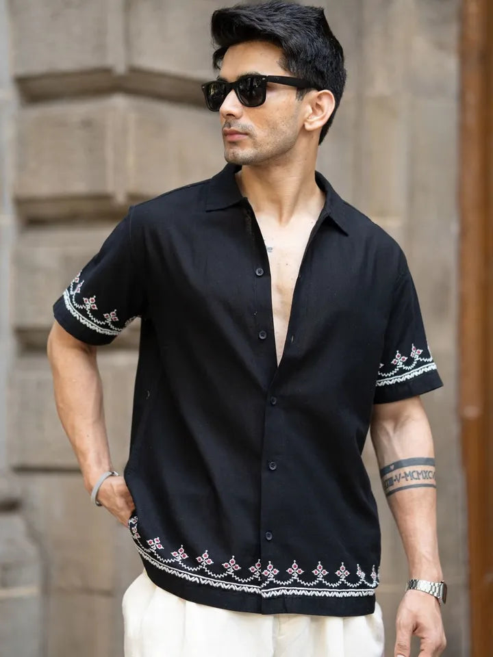 Black Embroidered Linen Shirt