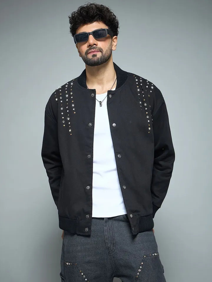 Men’s Black Studded Bomber Jacket – Urban Luxe Edition