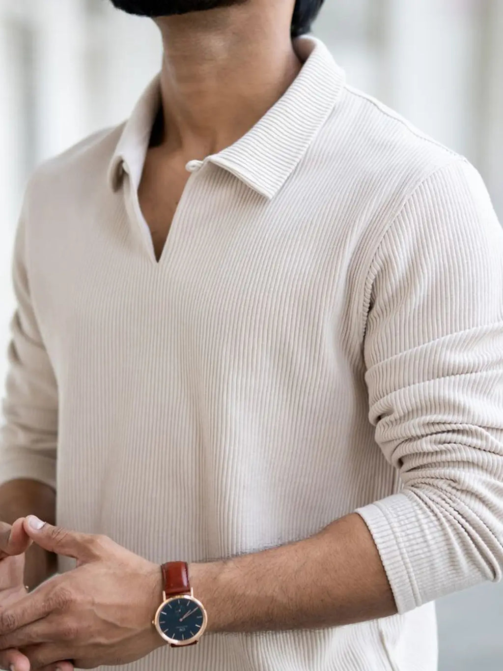 Men’s Premium Open Collar Long Sleeve T-Shirt – Cream Beige