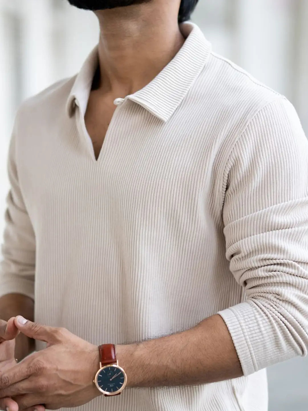 Men’s Premium Open Collar Long Sleeve T-Shirt – Cream Beige