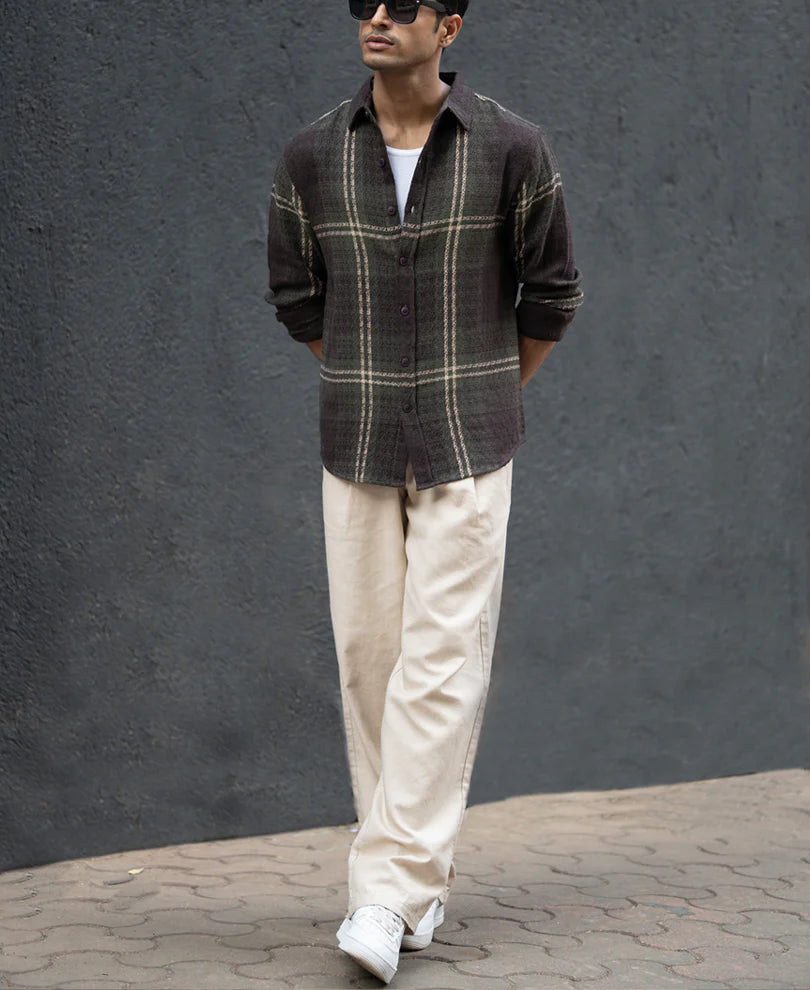 Men’s  Checked Shirt – Dark Olive Brown