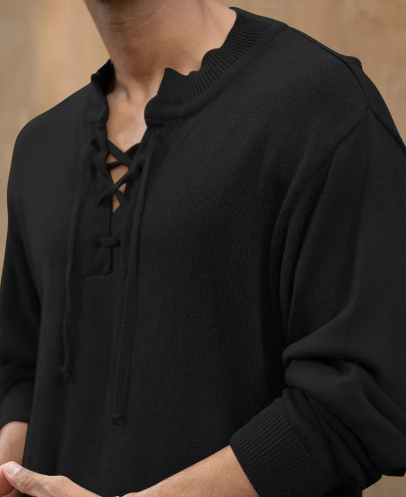 Men’s Knit Lace-Up Sweatshirt – Black
