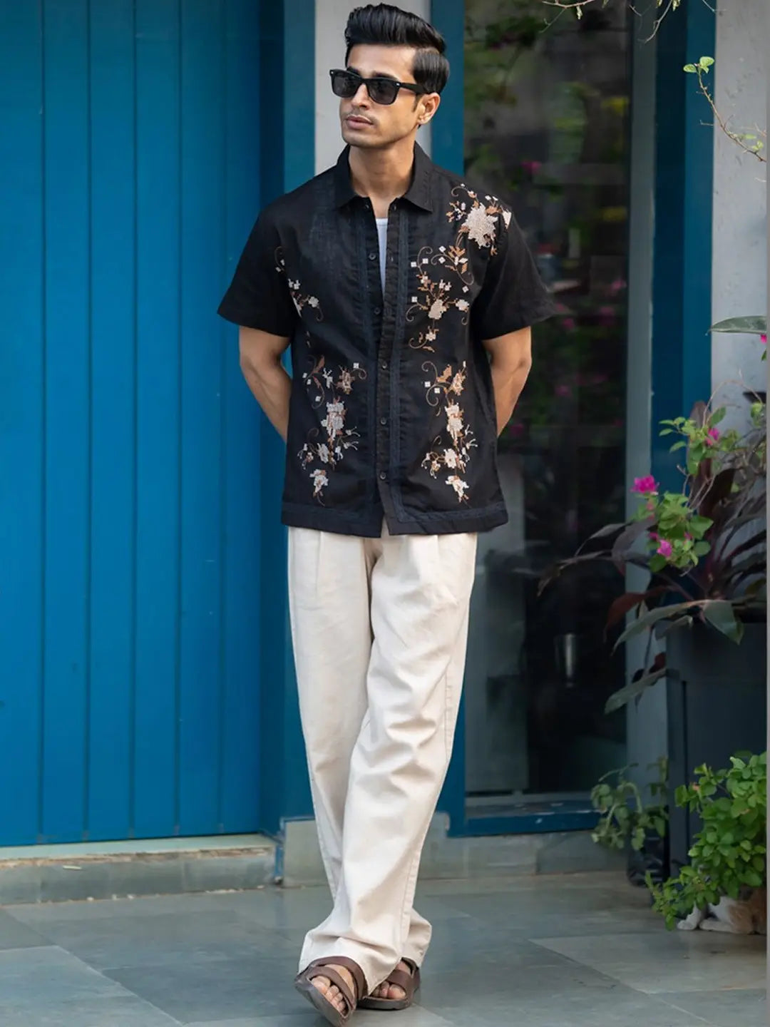 Floral Embroidered spread collar shirt