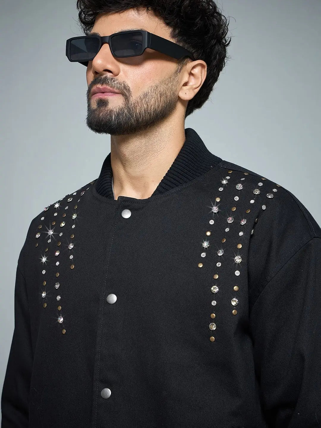 Men’s Black Studded Bomber Jacket – Urban Luxe Edition