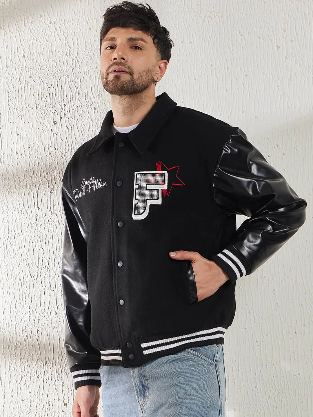 Fugazee Men’s Black Varsity Jacket – Faux Leather Sleeve Edition