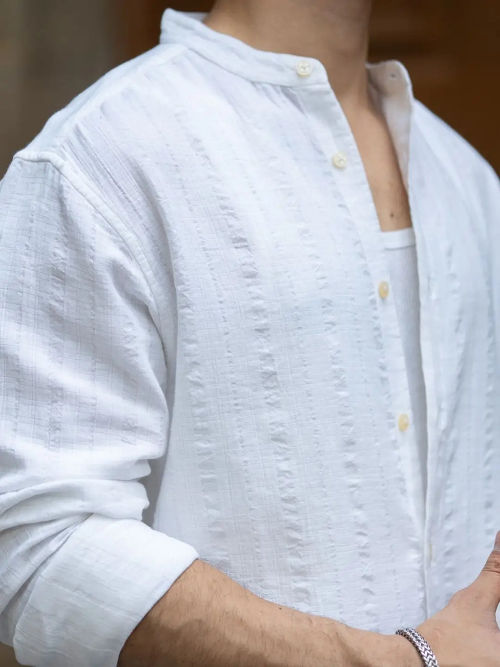 White Textured Mandarin- collar Shirt