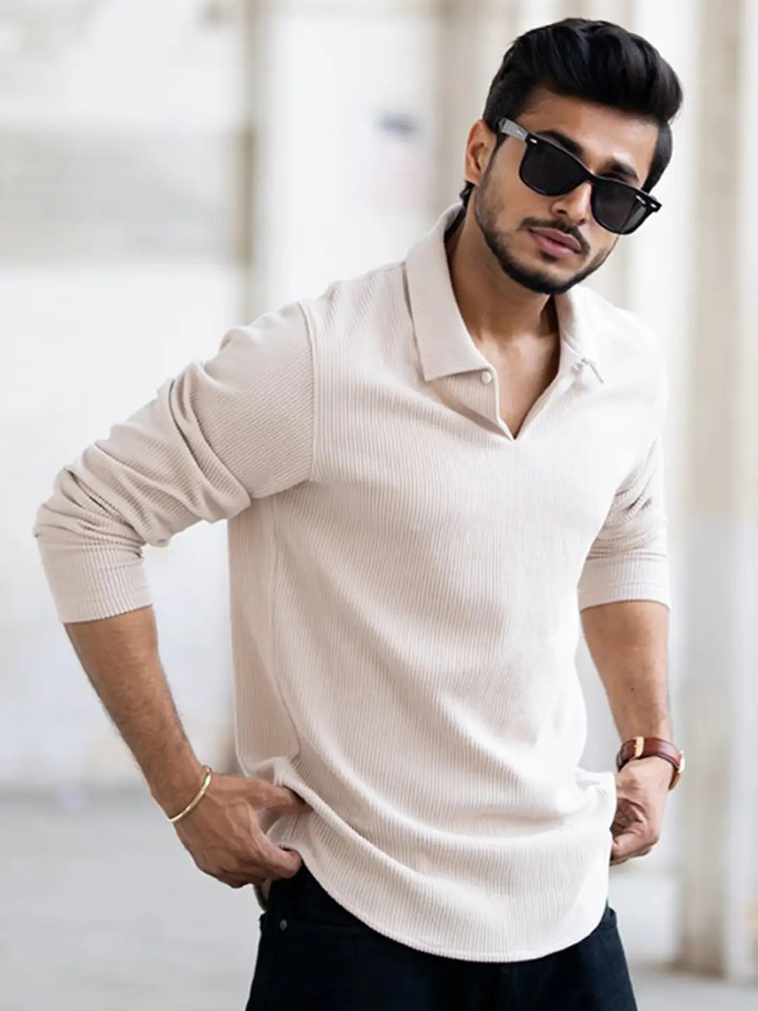 Men’s Premium Open Collar Long Sleeve T-Shirt – Cream Beige