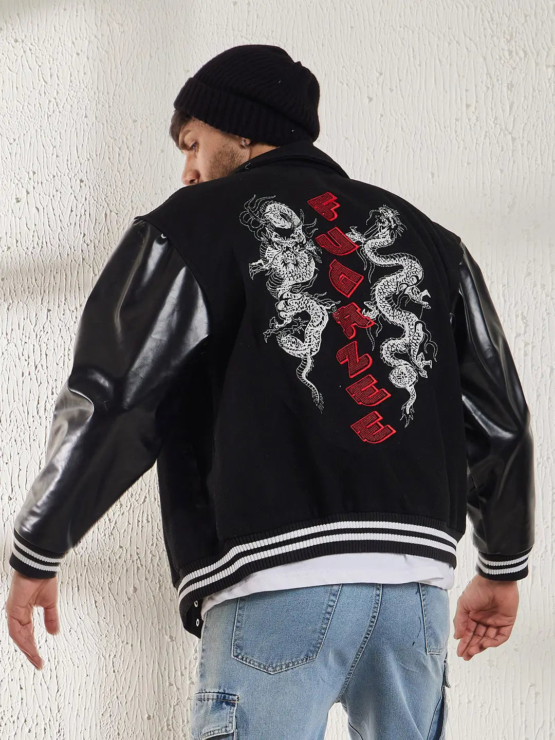 Fugazee Men’s Black Varsity Jacket – Faux Leather Sleeve Edition