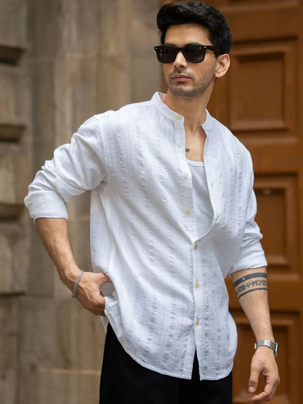 White Textured Mandarin- collar Shirt