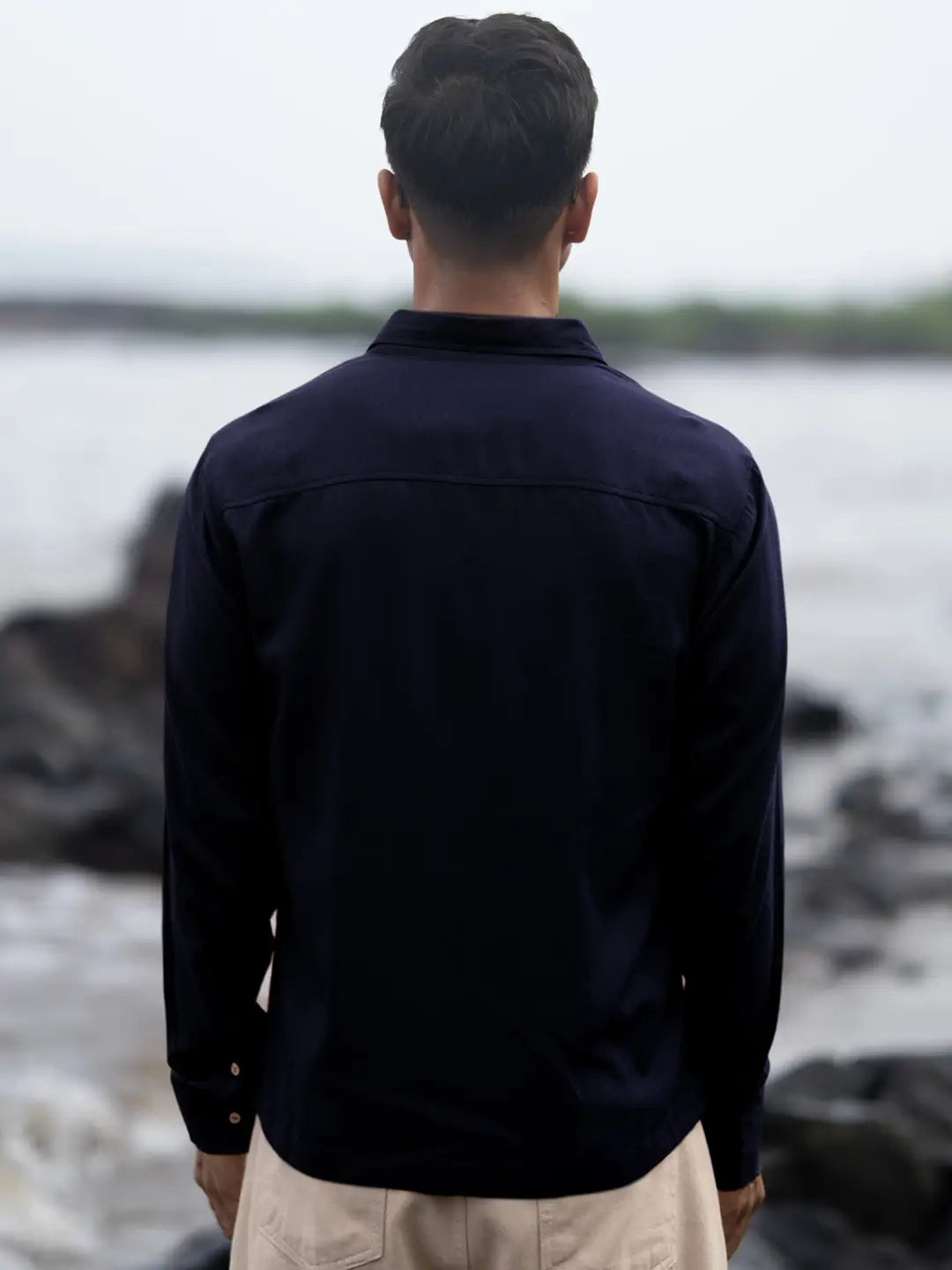 Navy linen blend Embroidery shirt