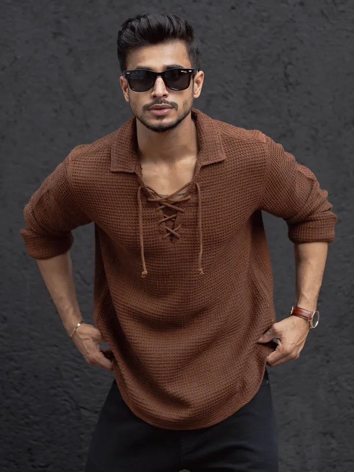 Textured lace-up knit shirt