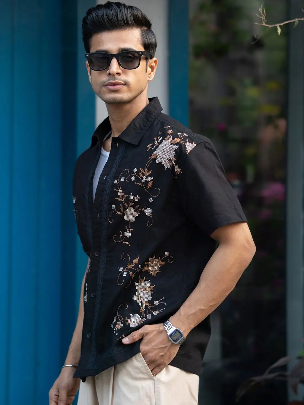 Floral Embroidered spread collar shirt