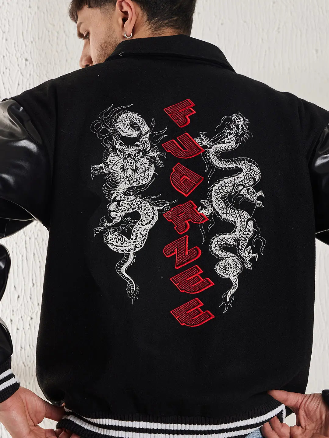Fugazee Men’s Black Varsity Jacket – Faux Leather Sleeve Edition