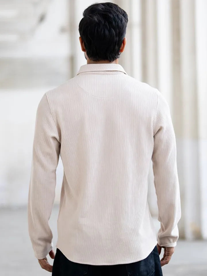 Men’s Premium Open Collar Long Sleeve T-Shirt – Cream Beige