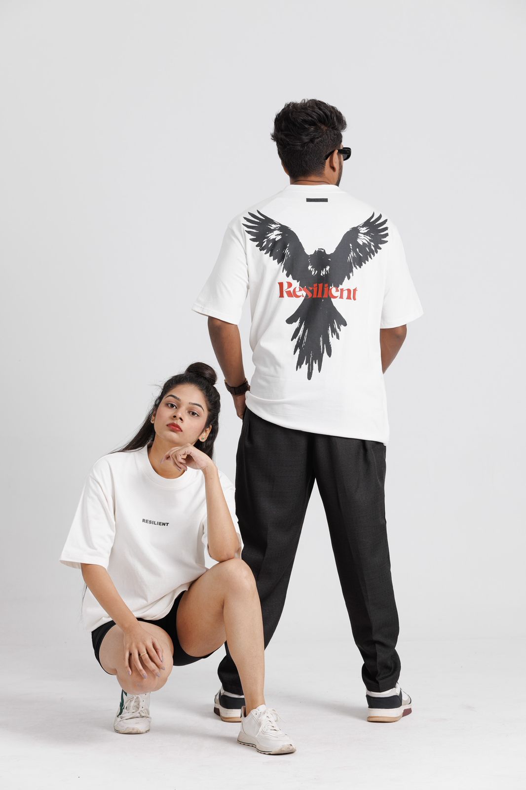 Male Female model wearing Oversized Cew Neck Back Print T-Shirt