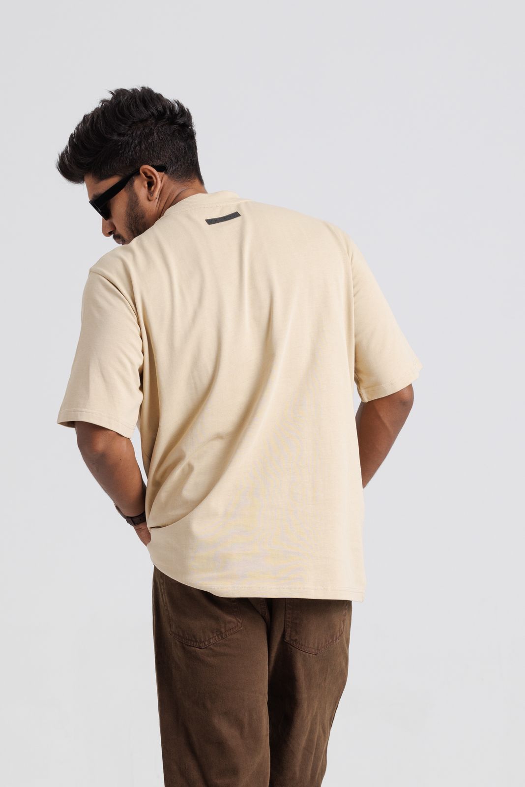 Model Wearing Tan Essential Crew Neck Oversized T