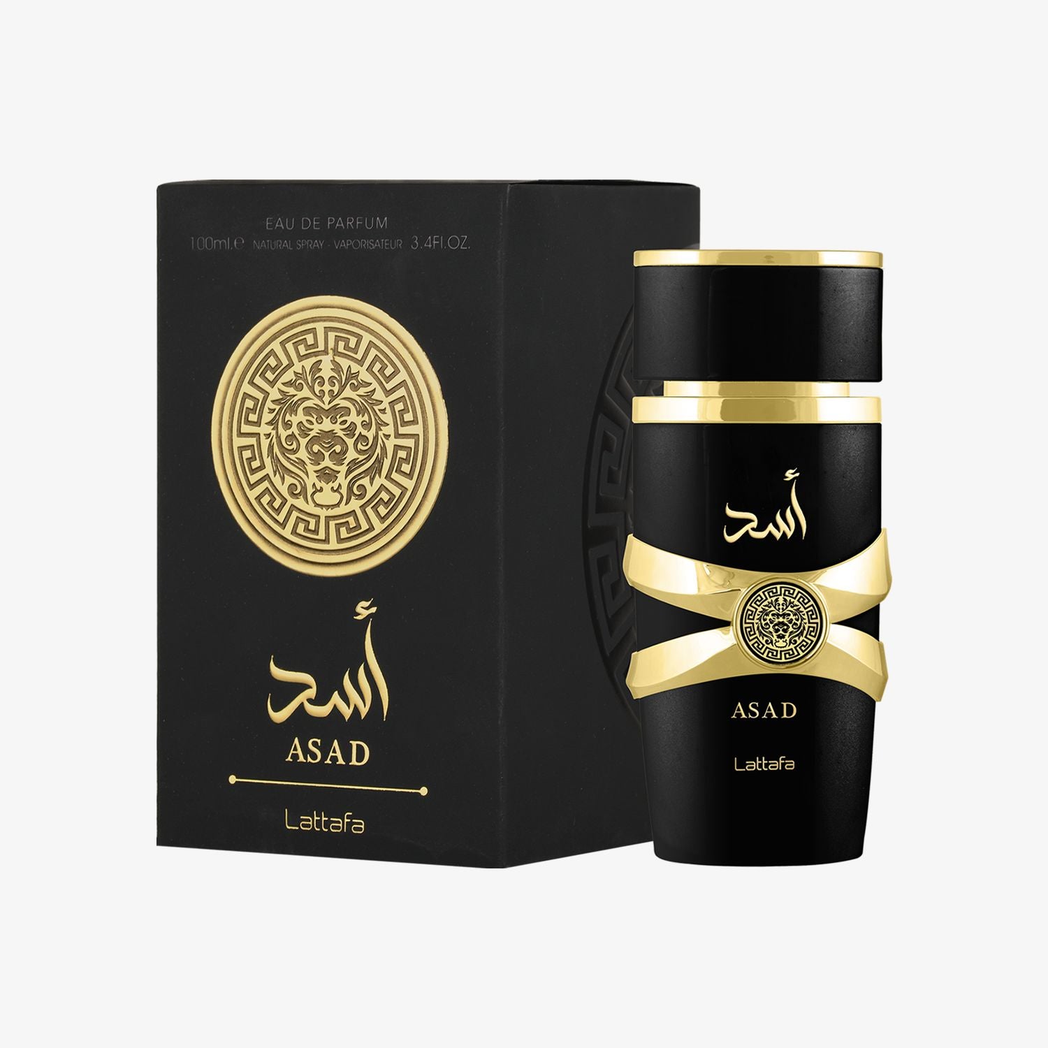 Black and gold perfume bottle and packaging with 'ASAD' branding on a white background