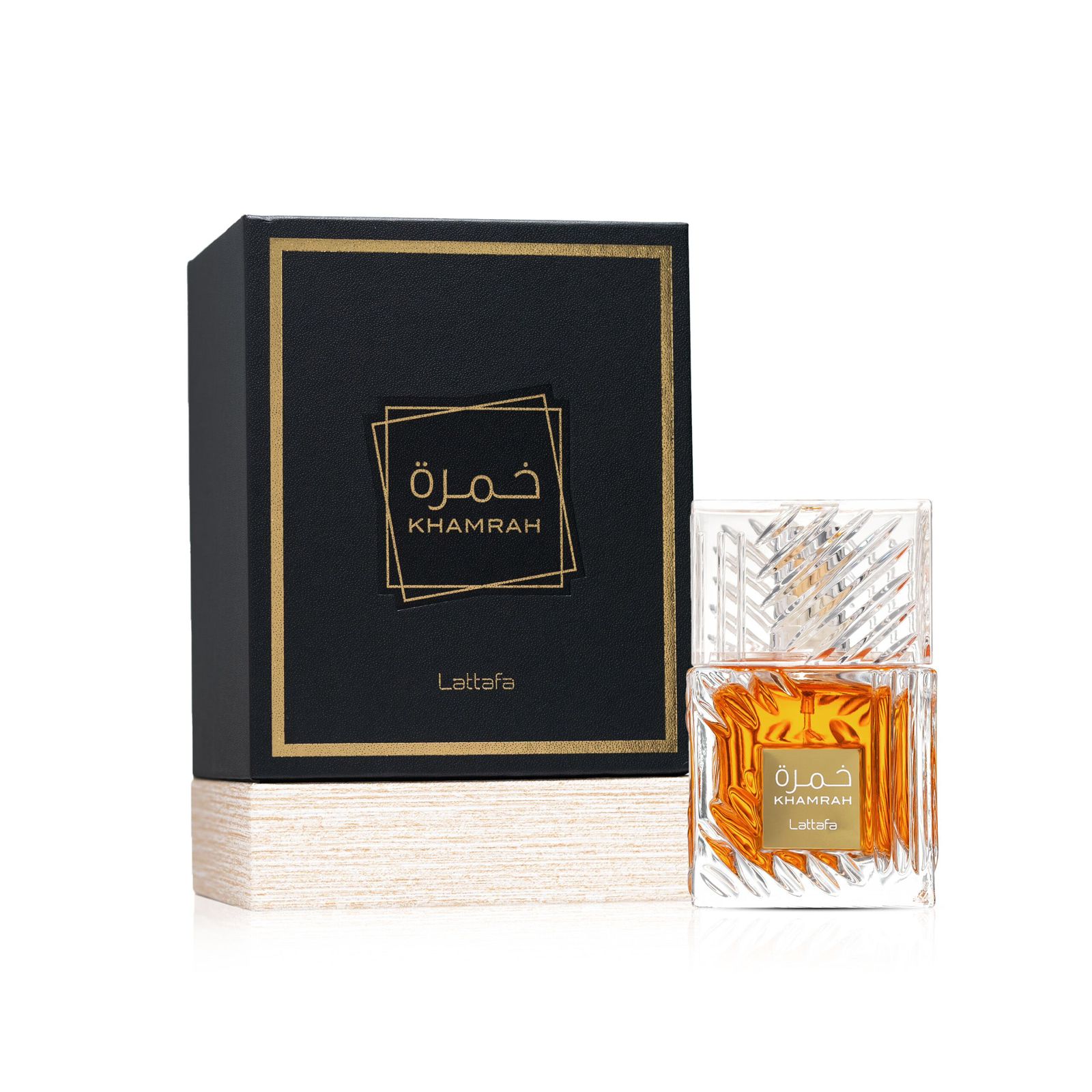 Khamrah Lattafa perfume bottle and packaging on a white background