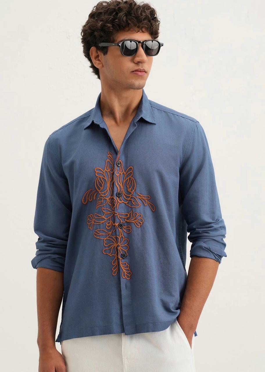 Embroidered Linen Shirt - Blue