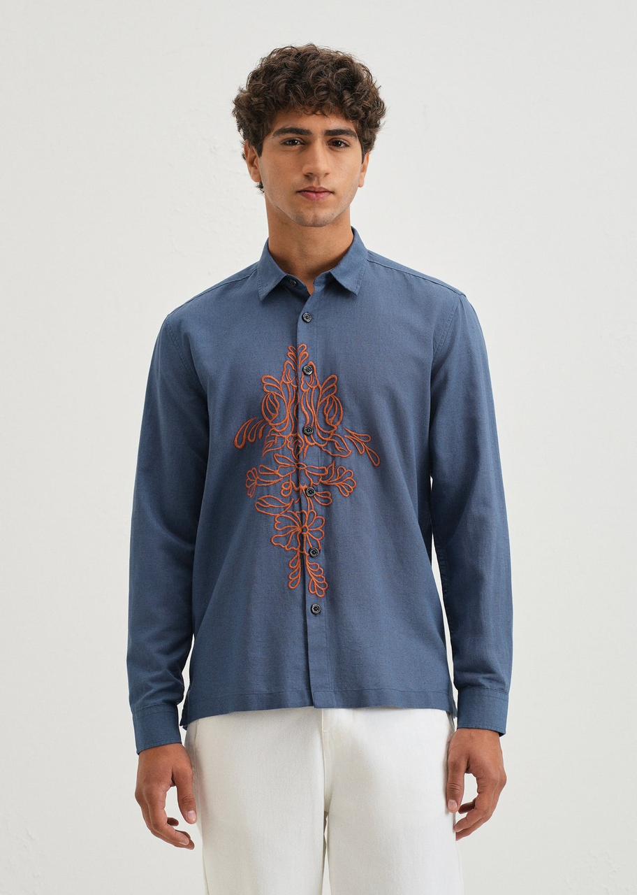 Embroidered Linen Shirt - Blue