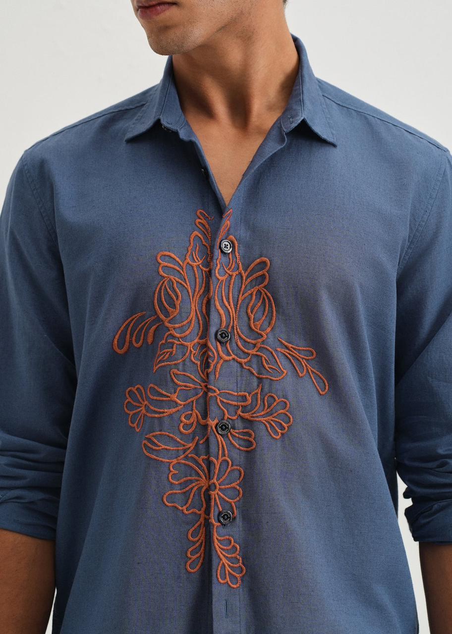 Embroidered Linen Shirt - Blue