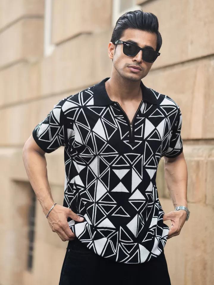 Black & White Geometric Polo T-Shirt