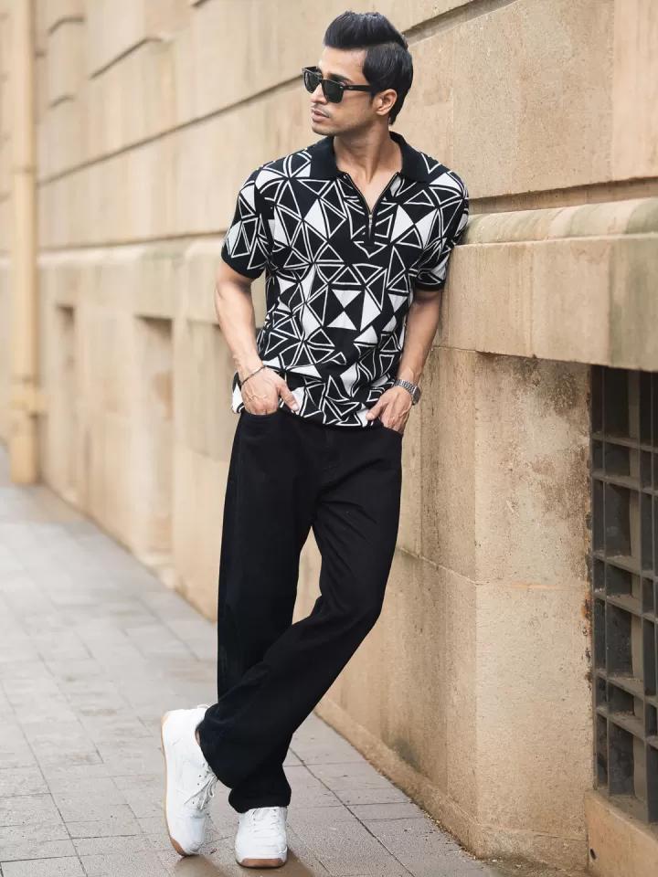 Black & White Geometric Polo T-Shirt
