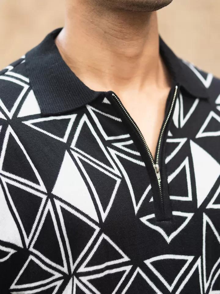 Black & White Geometric Polo T-Shirt