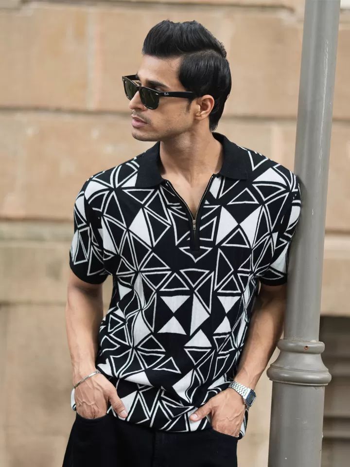 Black & White Geometric Polo T-Shirt