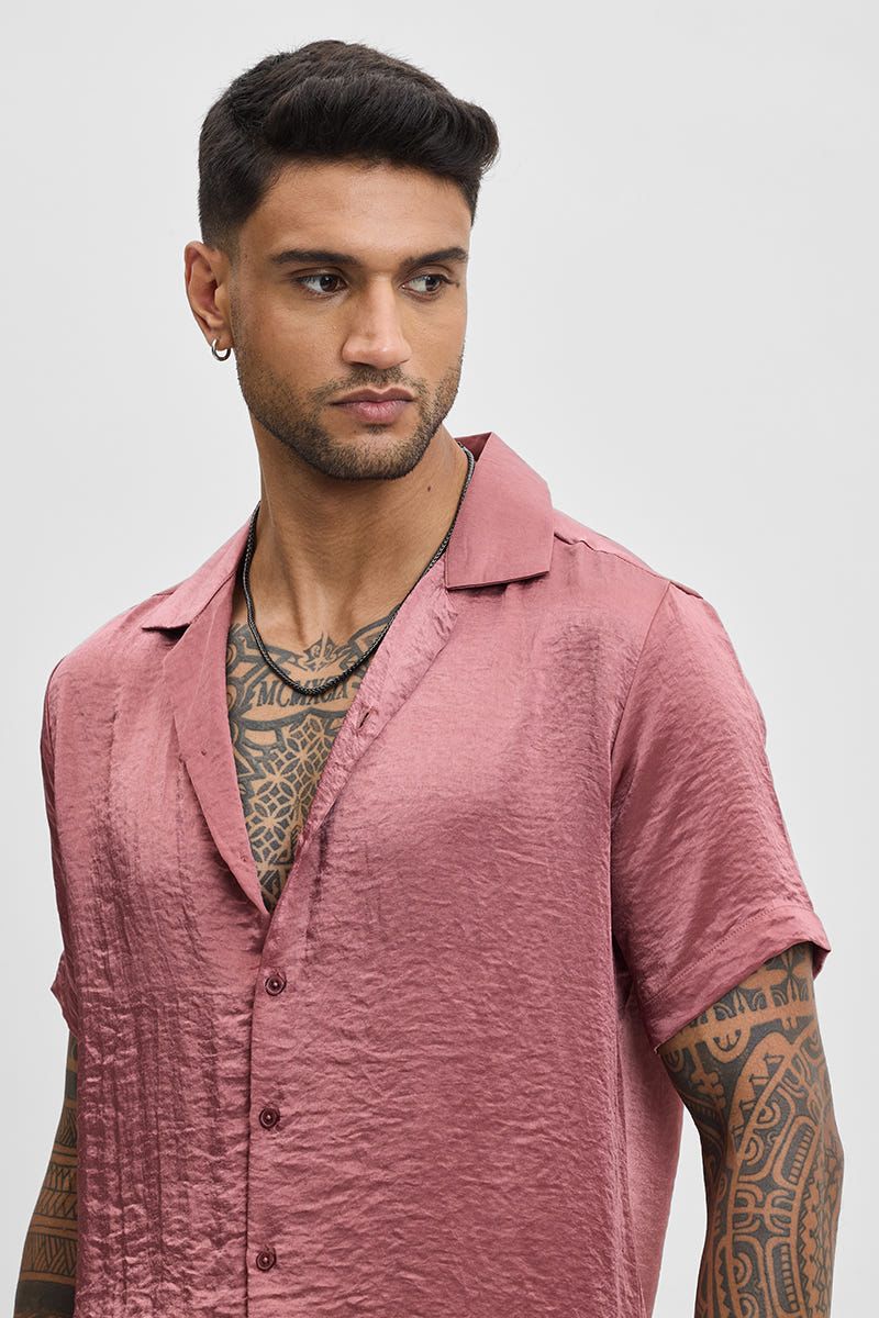 Short Sleeve Cuban Collar Shirt - Pink