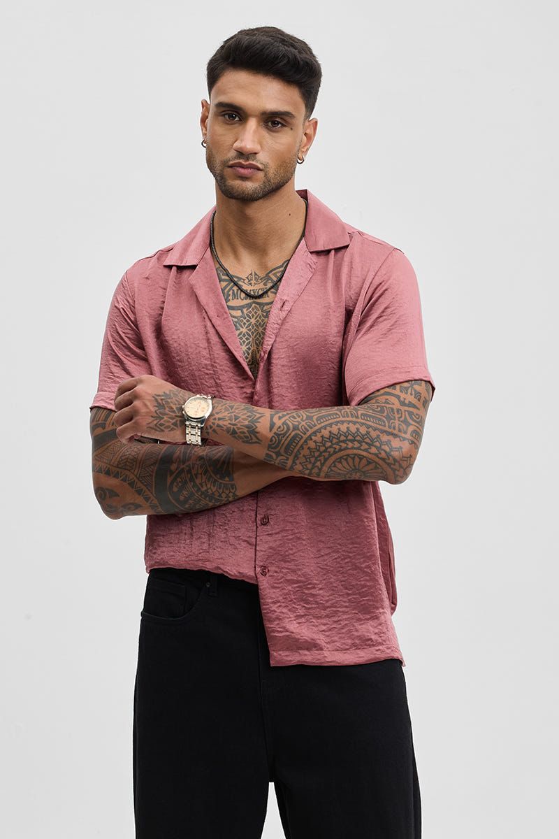 Short Sleeve Cuban Collar Shirt - Pink