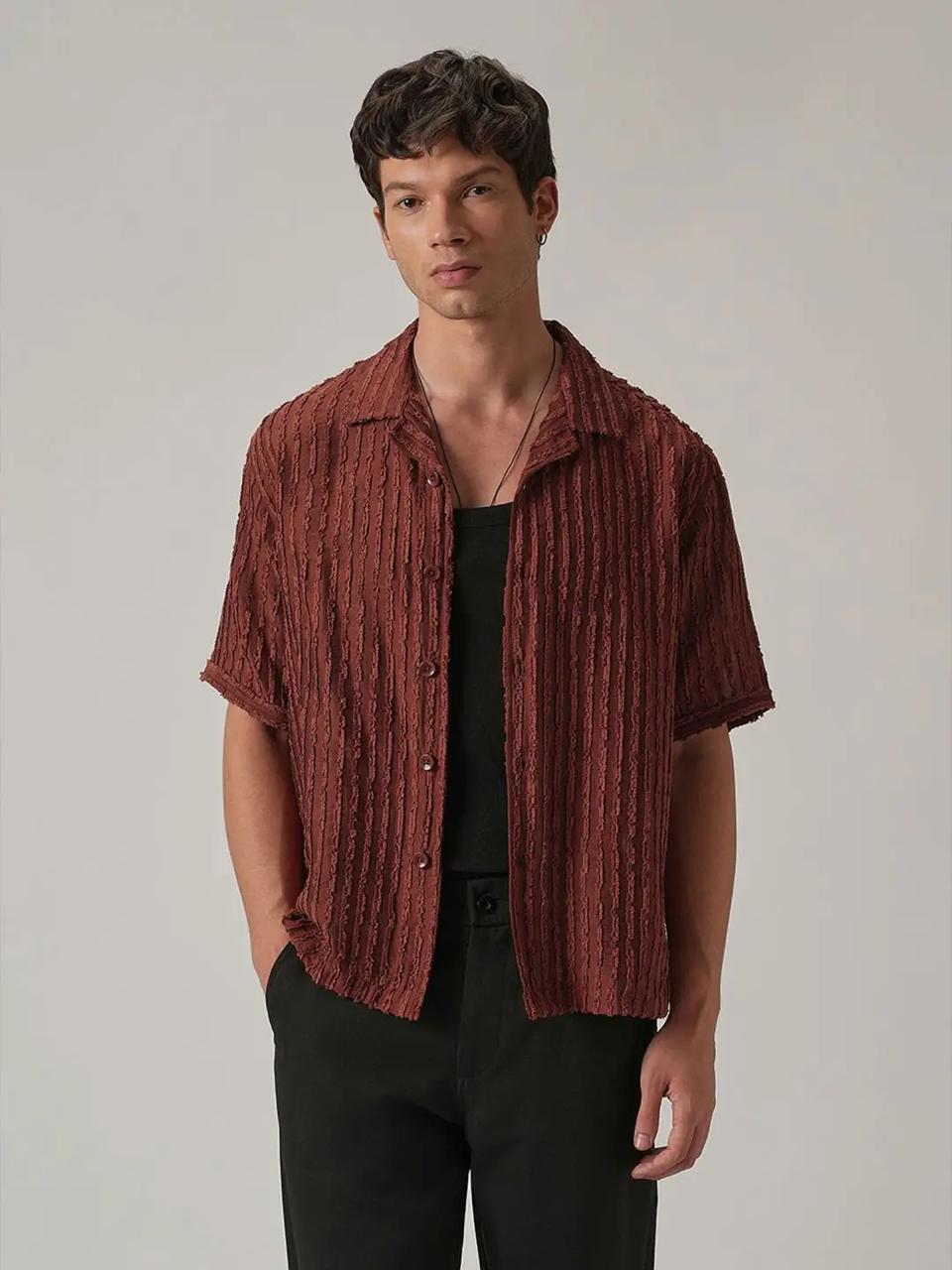 Club Clip Jacquard Striped Cuban Collar Shirt